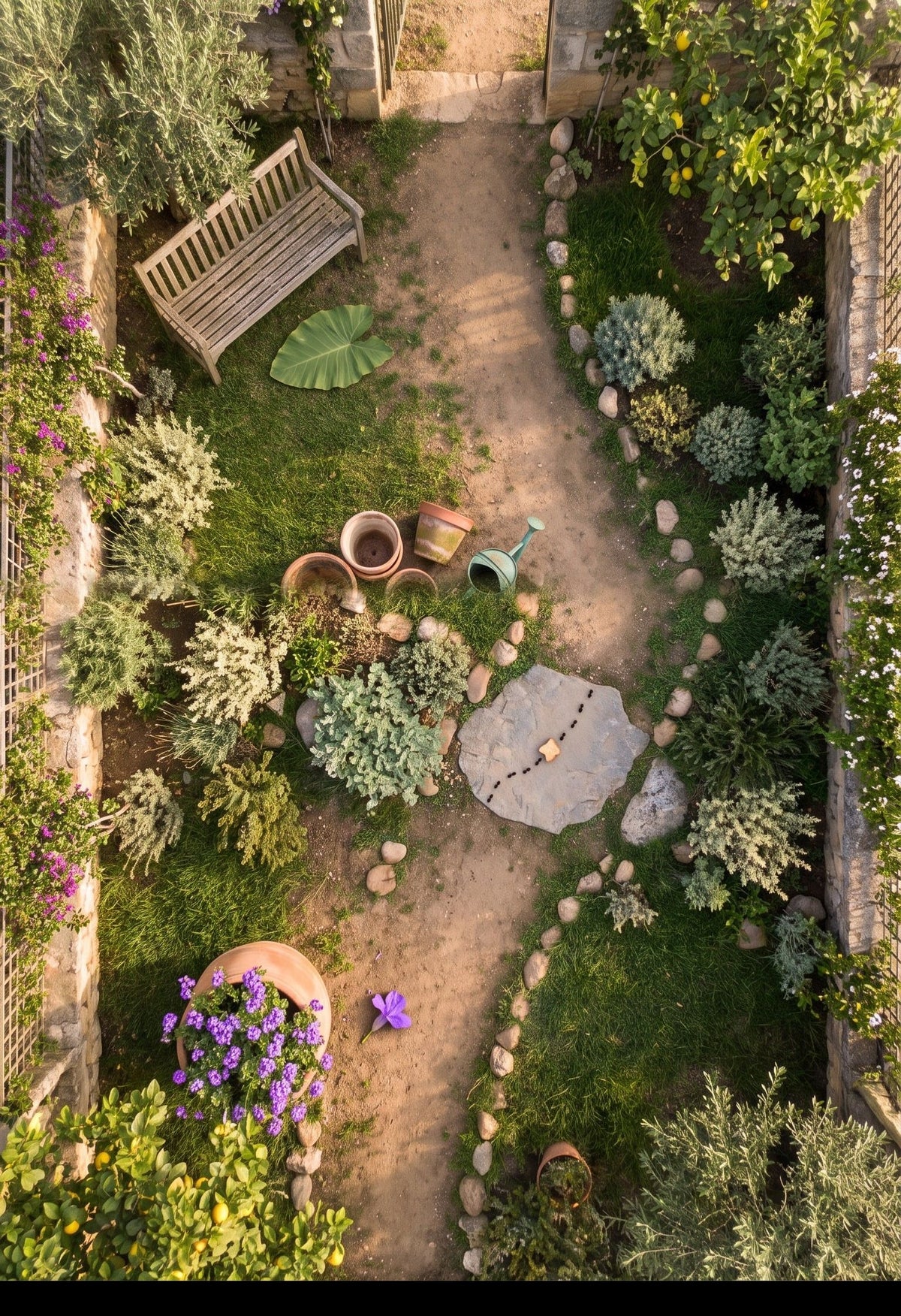 Un jardín visto desde arriba con un camino de tierra, un banco, macetas y flores